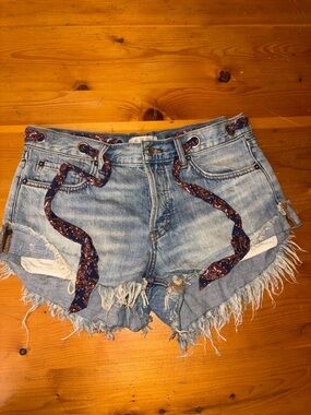 Free People Light Blue Distressed Denim Cutoff Shorts with Paisley Tie Size 27
